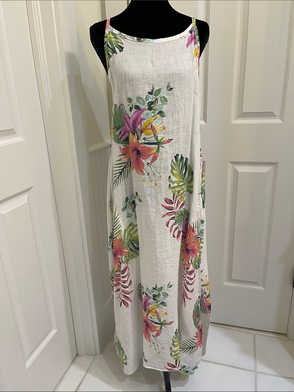 Linen Floral Maxi Sundress Tropical Print Size M